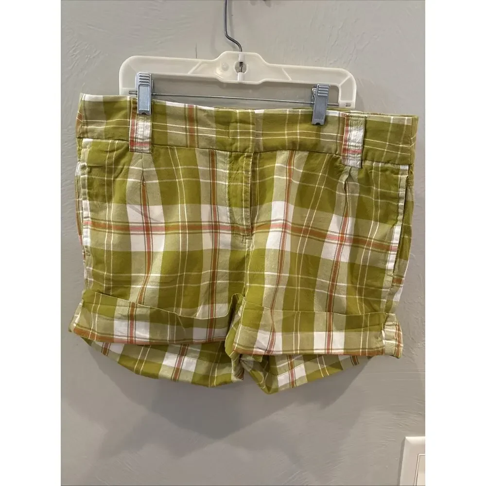 J.Crew Mid Rise Shorts Green Plaid Cuffed Size 8 City Fit Summer‎ Beach Y2K